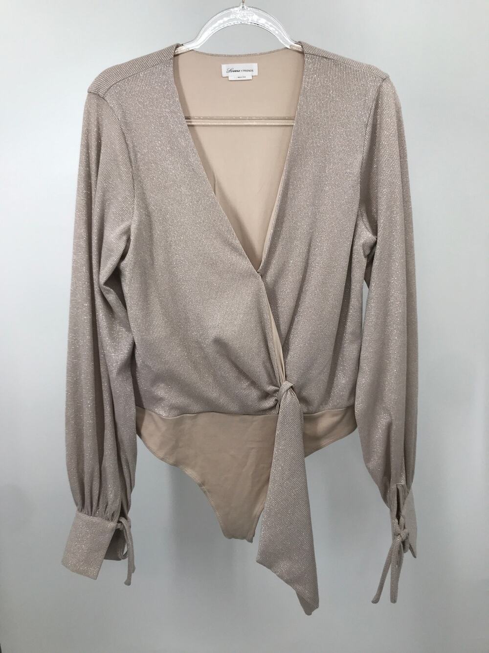 Lovers + Friends Sparkle Champagne Long Sleeve Bodysuit Top Size L